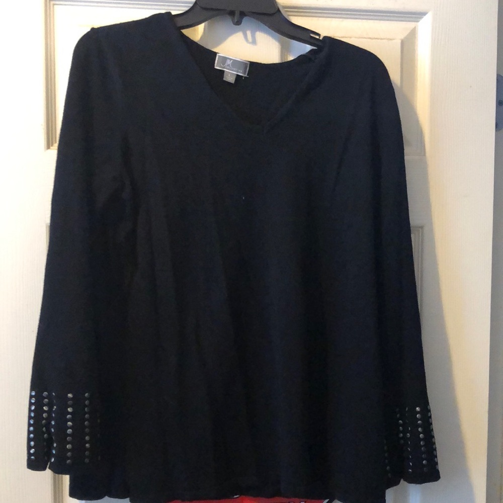 Jm collection black v neck  sweater with  gun metal detailing on sleeves
